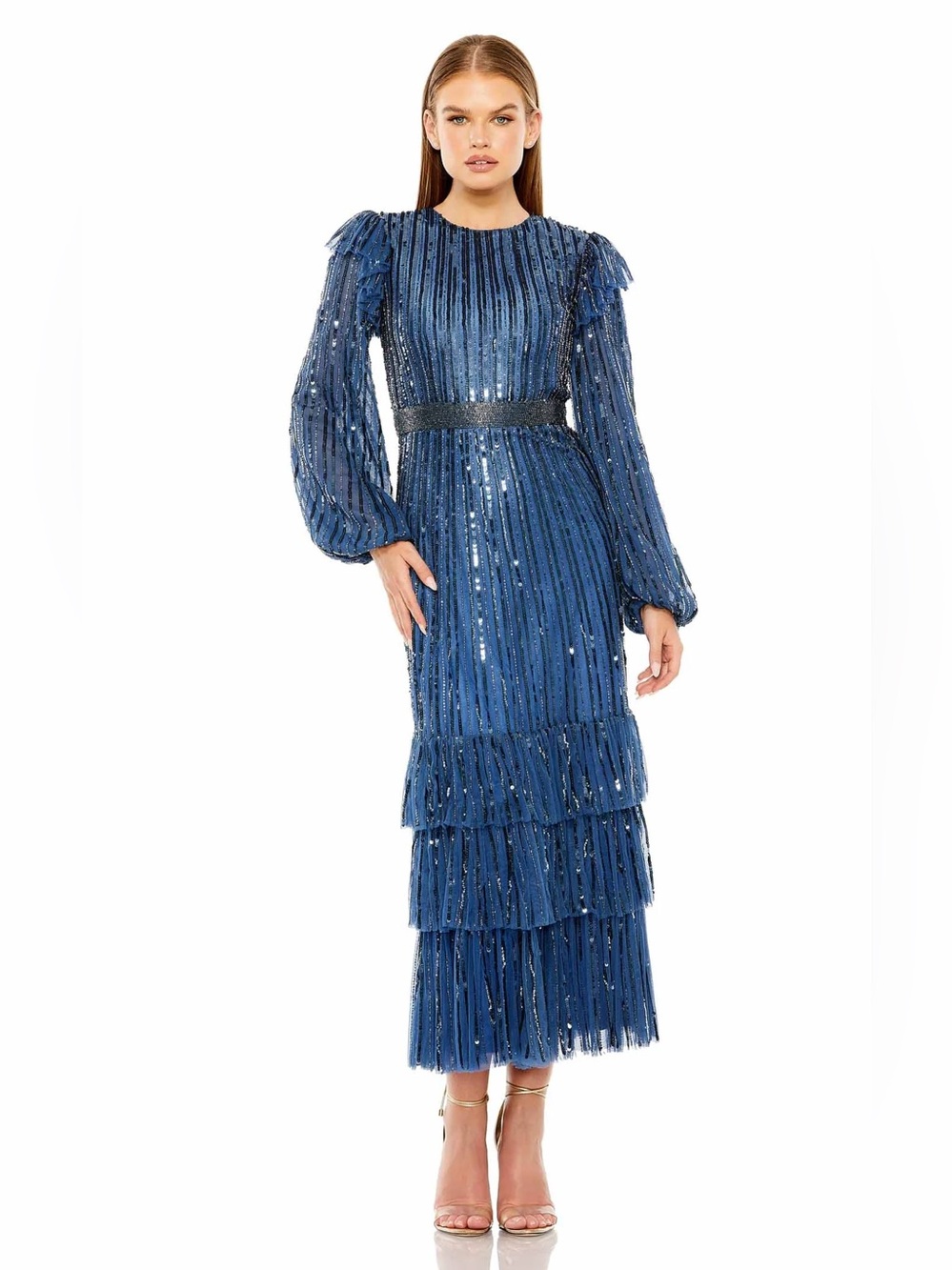 Mac Duggal Sequin Midi Dress Blue Tiered Long Sleeve Size 18 NWT Formal